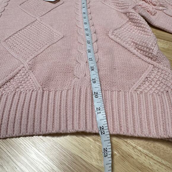 KIKIT NWT Pink Cable Knit Fringe Sleeve Trim Crew Neck Sweater Size L Rib Trim - Picture 10 of 10